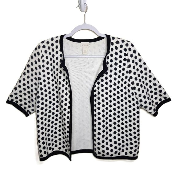 Chico's Cotton Sandra Polka Dot Open Front Cardigan Sweater M(8) Office Preppy - Picture 1 of 4
